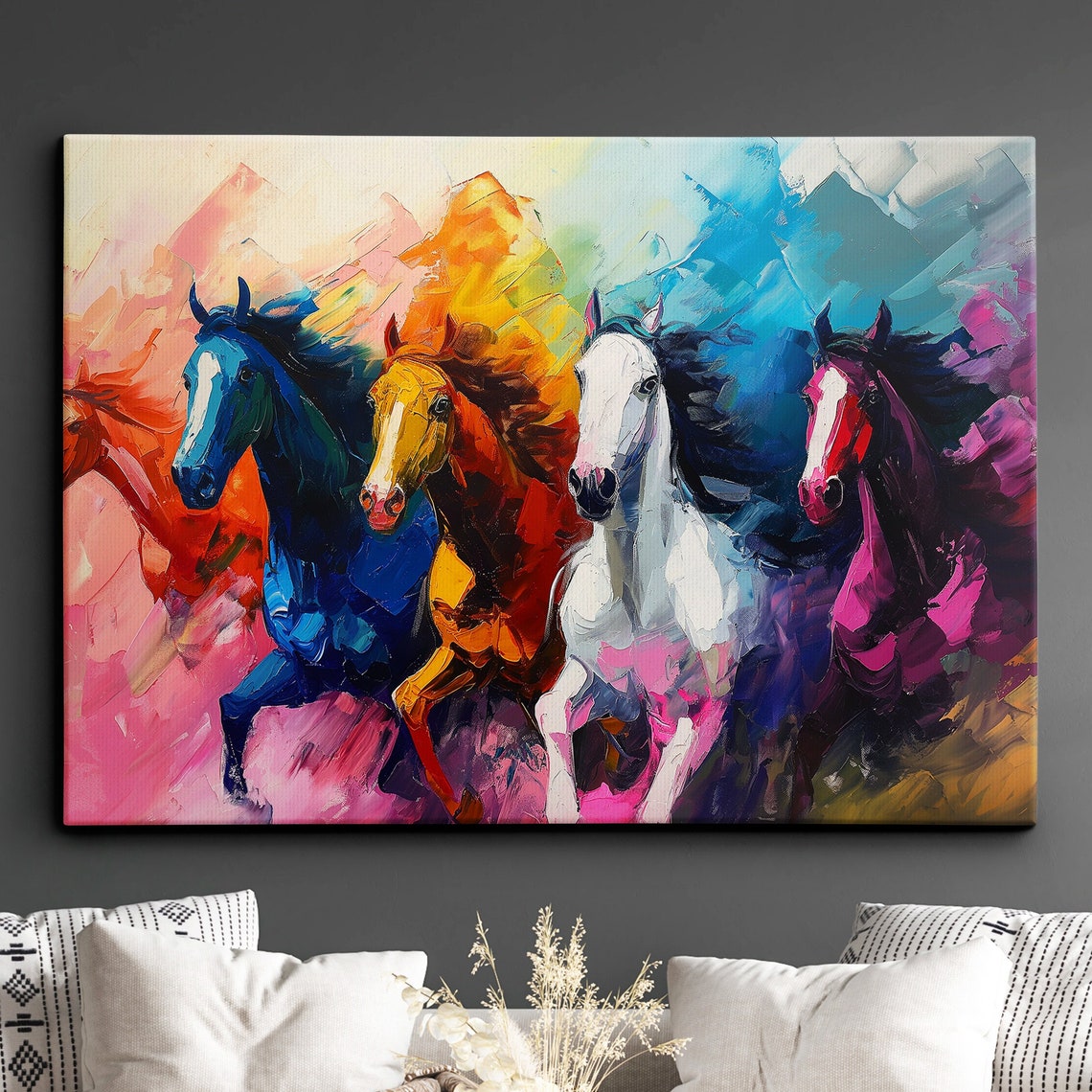 Four Galloping Horses in Rainbow Abstract Oil Painting Poster