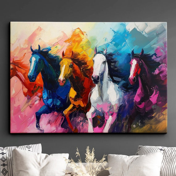 Colorful Horses Animal Abstract Oil Painting Paint Splatter Style Wall Art Framed Canvas Poster Print Home Living Room Decor Fun Horse Gift