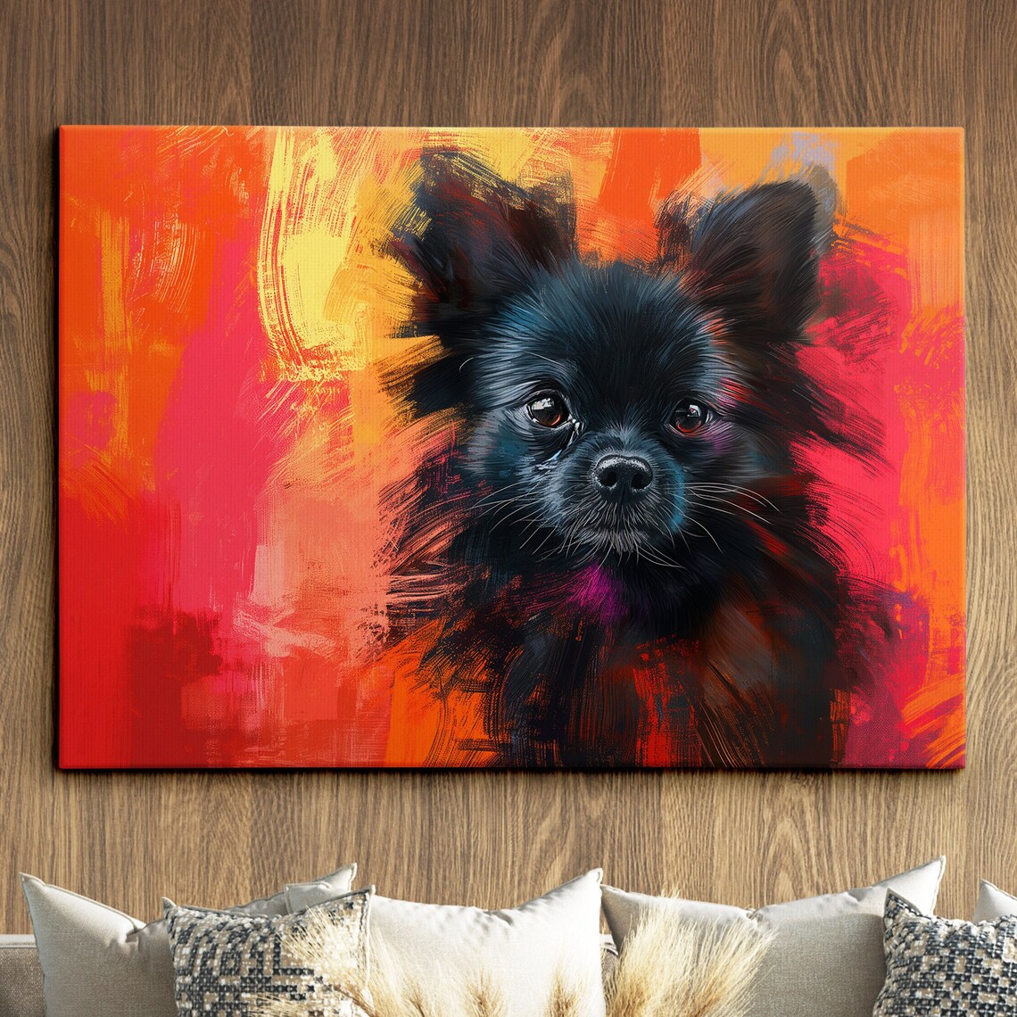 Black Pomeranian Face Close Up Fiery Red Abstract Dog Art Poster
