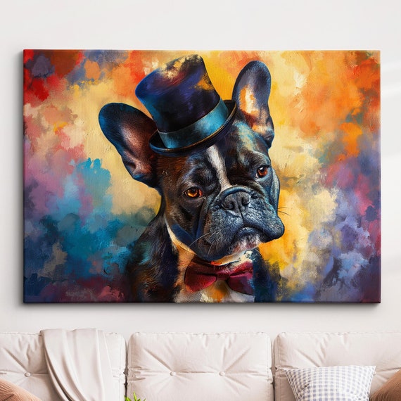 French Bulldog In A Top Hat Animal Abstract Oil Painting Splatter Style Wall Art Framed Canvas Poster Print Home Kitchen Office Room Decor