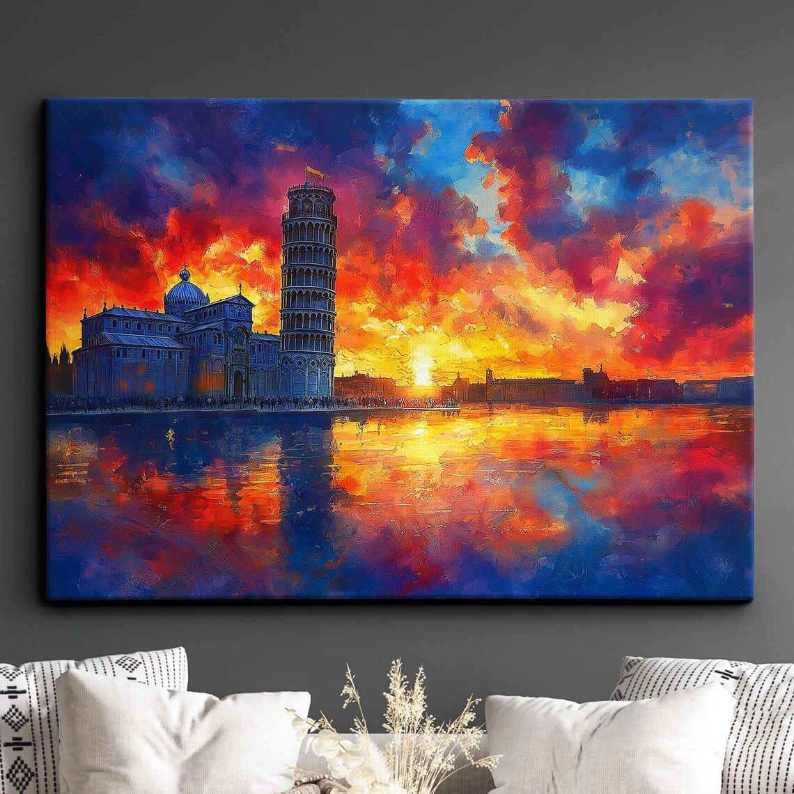 Leaning Tower of Pisa Sunset Glow Canvas Painting Art Poster