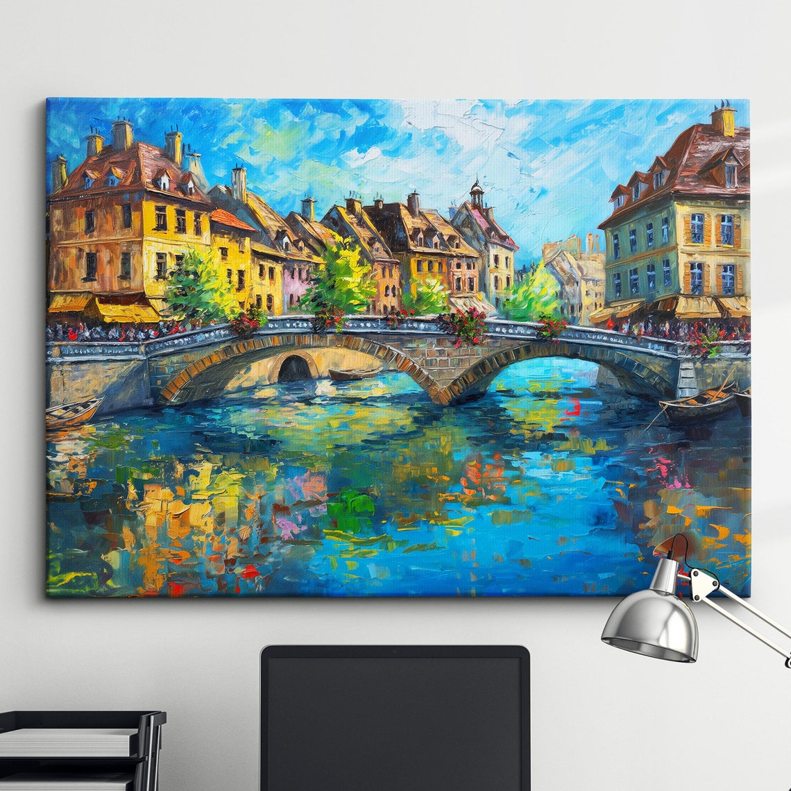 Old European Town Stone Bridge Sparkling River Impressionist Poster