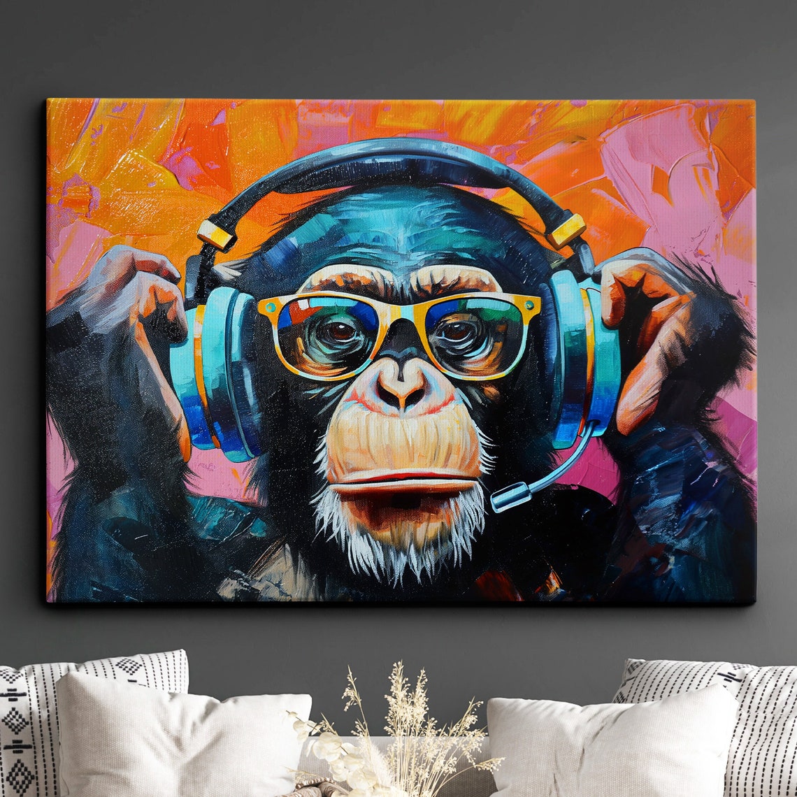 Monkey Dj Headphones Abstract Modern Painting Wall Art Framed Canvas Poster Print Home Kitchen Office Room Decor Gifts