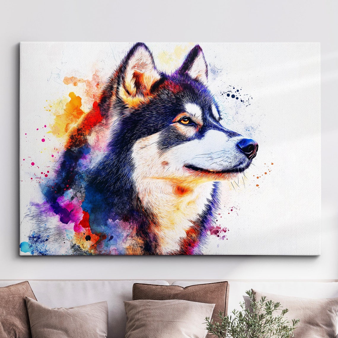 Siberian Husky Side Profile Portrait In Watercolor Splatter Poster