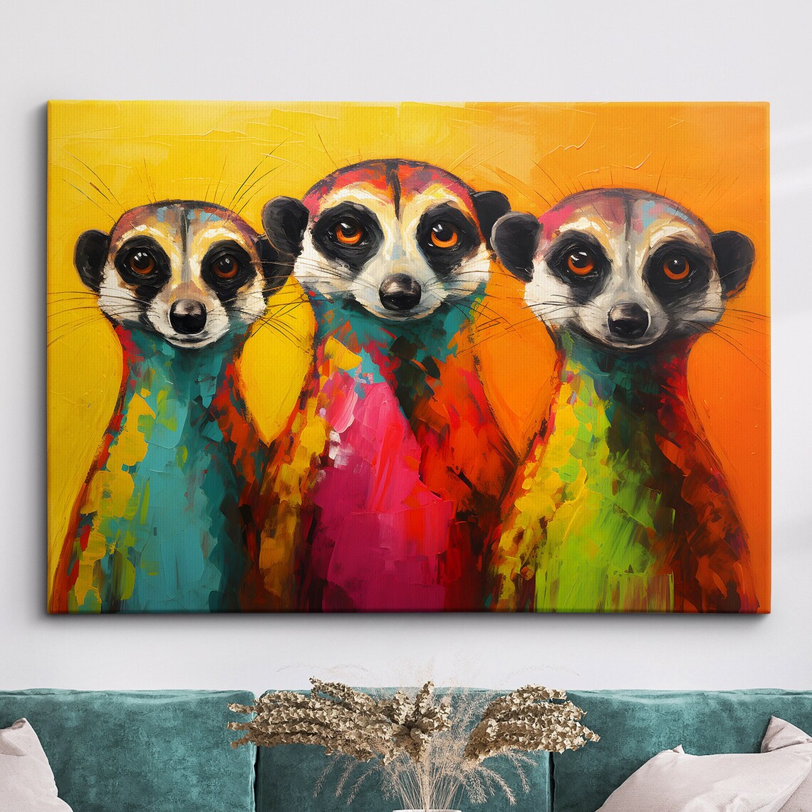 Colorful Meerkats Abstract Oil Painting Trio Funny Animals Poster