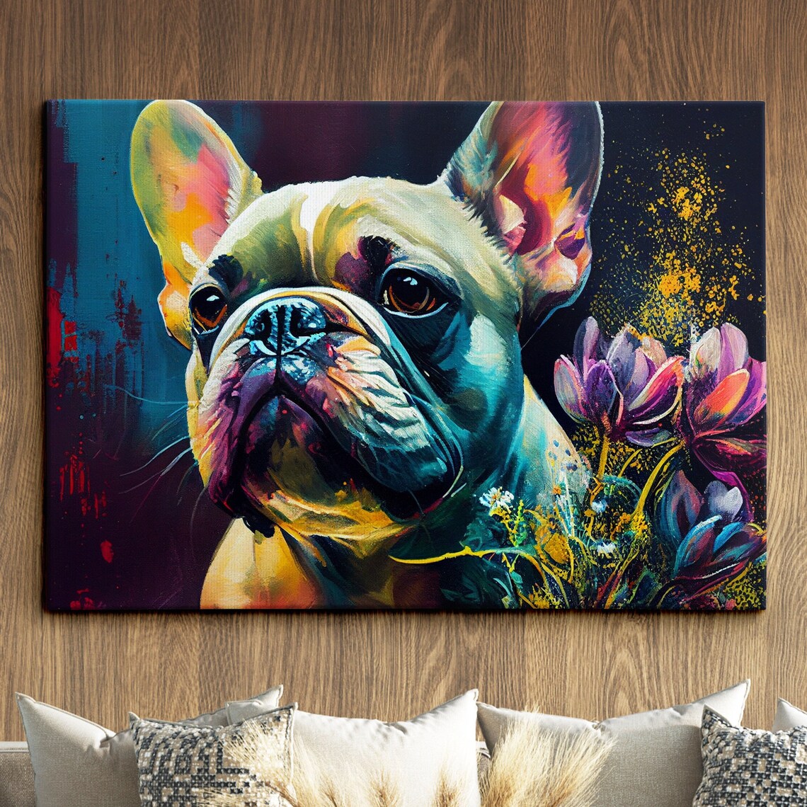 French Bulldog Colorful Portrait With Flowers Abstract Art Poster