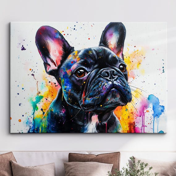 French Bulldogs Paint Splash Window Painting Dog Pet Abstract Modern Oil Wall Art Framed Canvas Poster Home Kitchen Office Room Decor