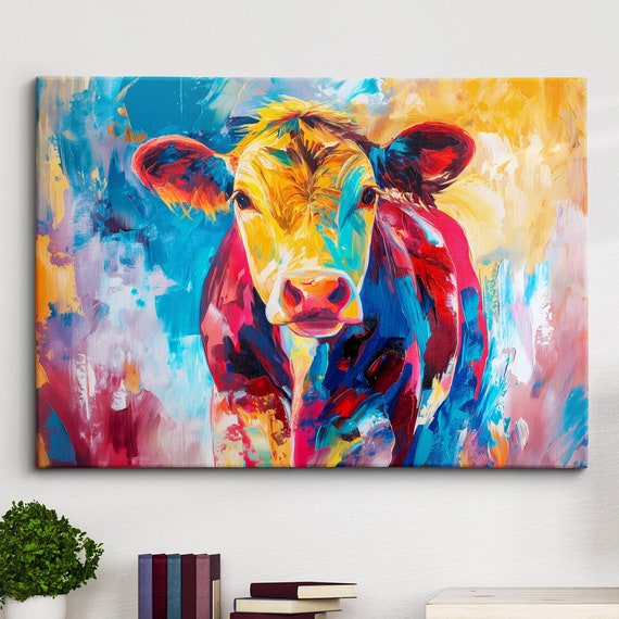 Colorful Cow Wild Animal Abstract Oil Painting Paint Splatter Style Wall Art Framed Canvas Poster Print Home Living Room Decor Fun Gift