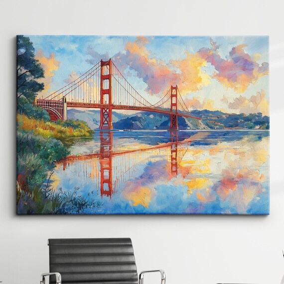 Golden Gate Bridge Sunset Reflection Oil Painting Art Poster