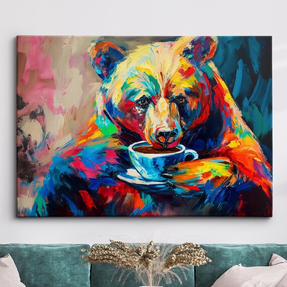 Colorful Bear Coffee Mug Animal Abstract Oil Painting Wall Art Framed Canvas Poster Print Home Kitchen Living Room Decor