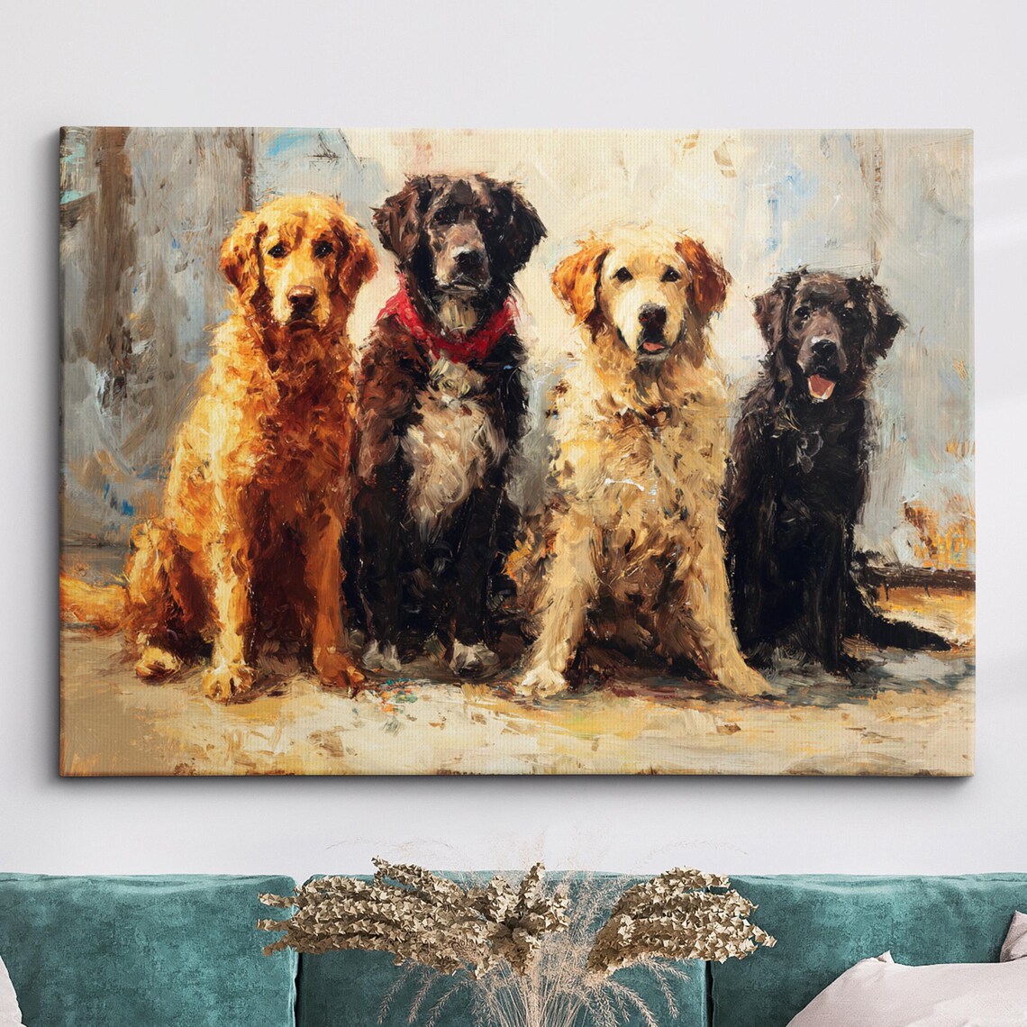 Four Loyal Dogs Sitting Side By Side Oil Painting Art Poster