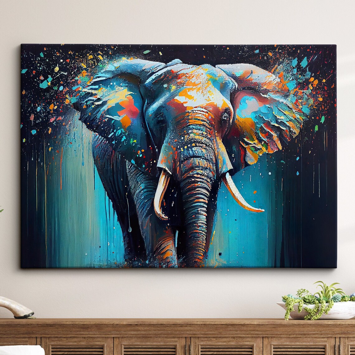 Elephant Abstract Oil Painting Poster Print, Colourful Style
