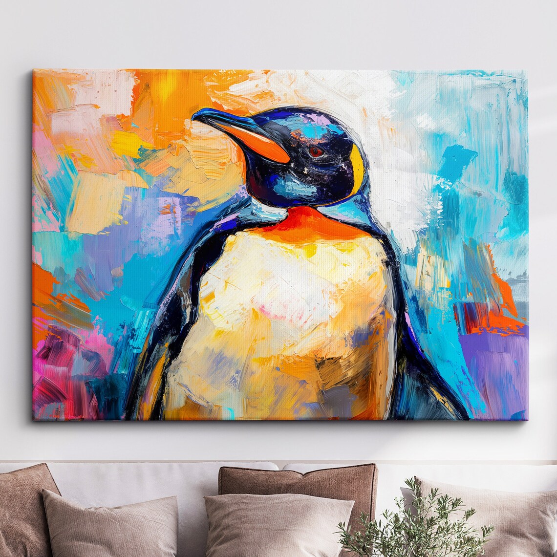 King Penguin Colorful Abstract Oil Painting Animal Portrait Poster