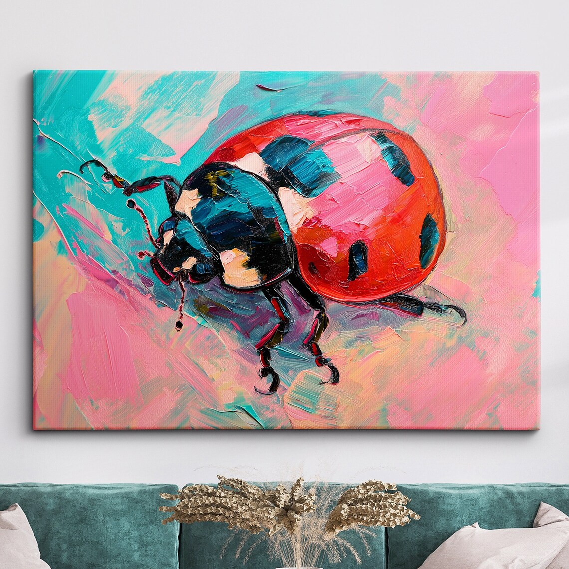 Ladybug Impasto Oil Painting Pink Turquoise Insect Art Poster