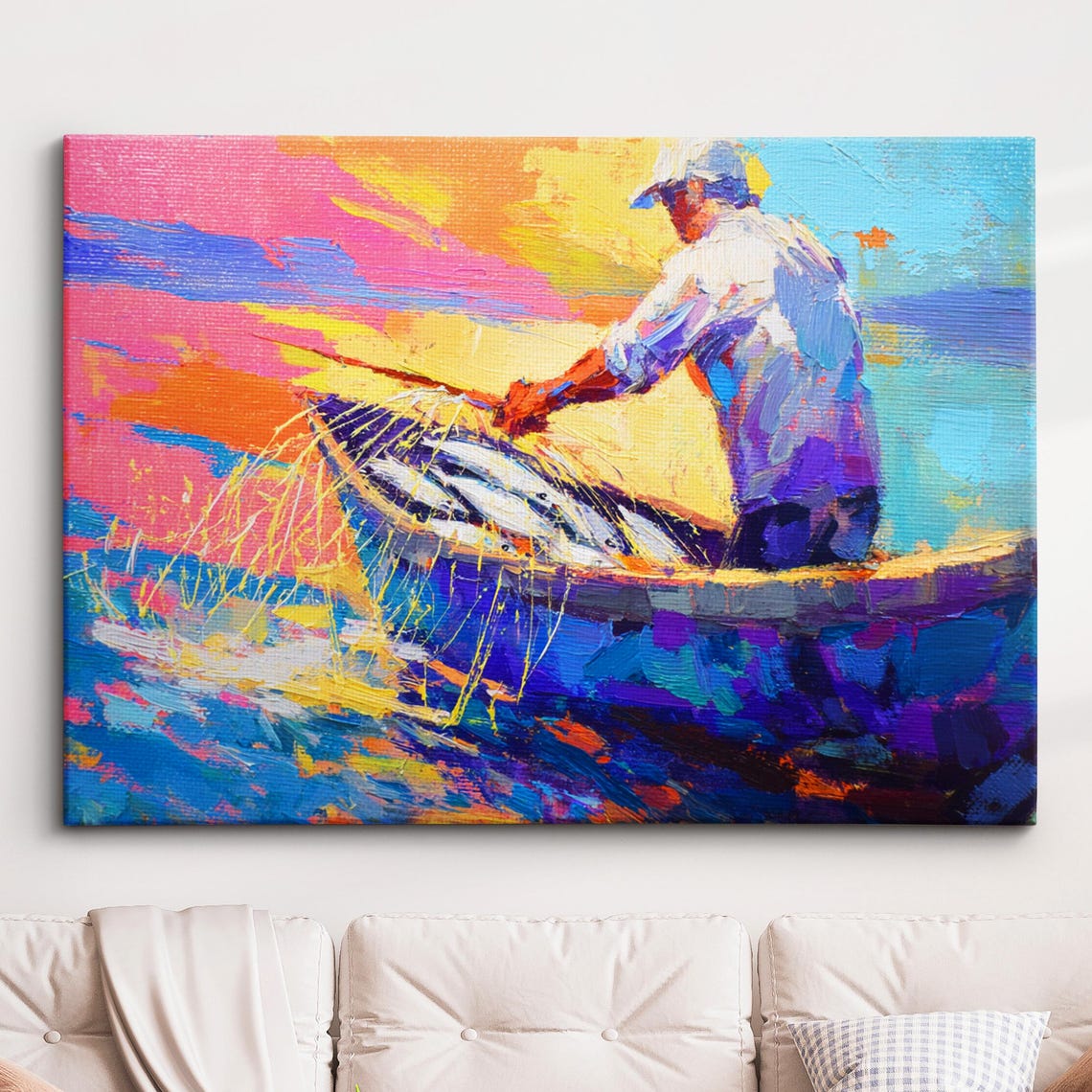 Fisherman Hauling Full Net Colorful Impasto Ocean Painting Poster