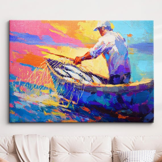 Abstract Man Fishing Painting Splatter Colorful Swimming Wall Art Framed Canvas Poster Print Homeoffice Room Decor Gifts