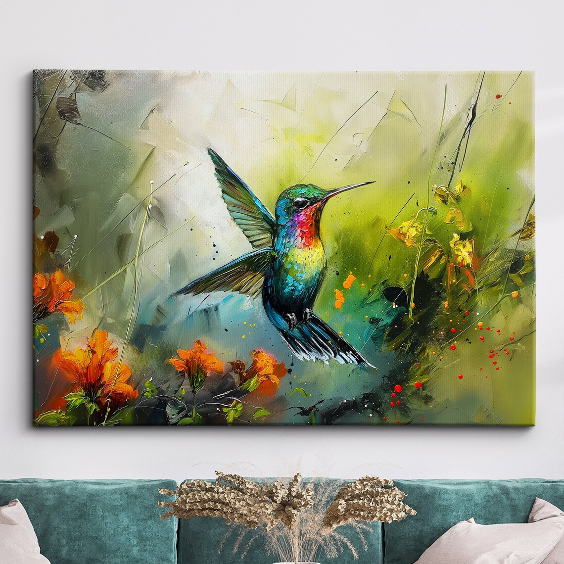 Hummingbird Abstract Oil Painting, Bird Wall Art Print