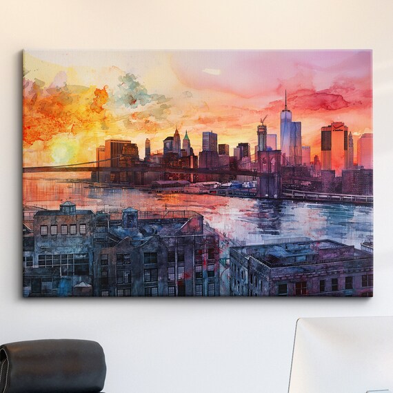 New York City Brooklyn Bridge Pink Sunset Watercolor Canvas Poster