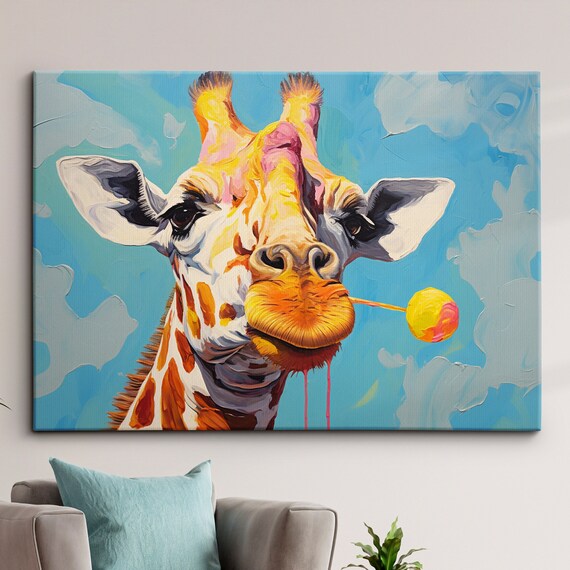 Colorful Giraffe Lollypop Meeting Abstract Oil Painting Style Wall Art Framed Canvas Poster Print Home Kitchen Office Room Decor Gifts