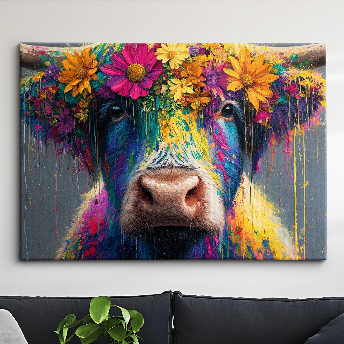 Colorful Floral Highland Cow Pop Art Portrait Modern Farmhouse Poster