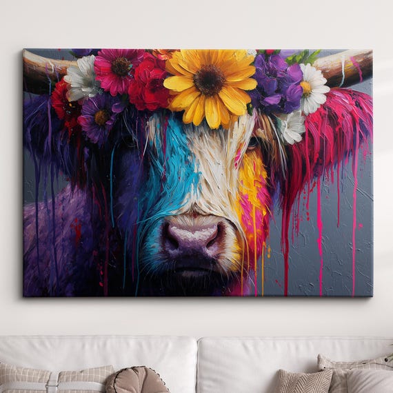 Highland Scottish Cow Painting Colouful Abstract Modern Wall Art Framed Canvas Poster Print Homeoffice Room Decor Gifts