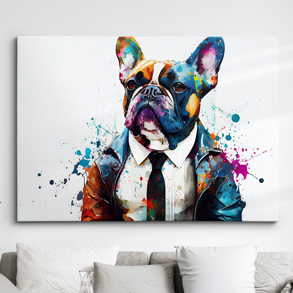 French Bulldog in Suit Colorful Paint Splatter Canvas Wall Art