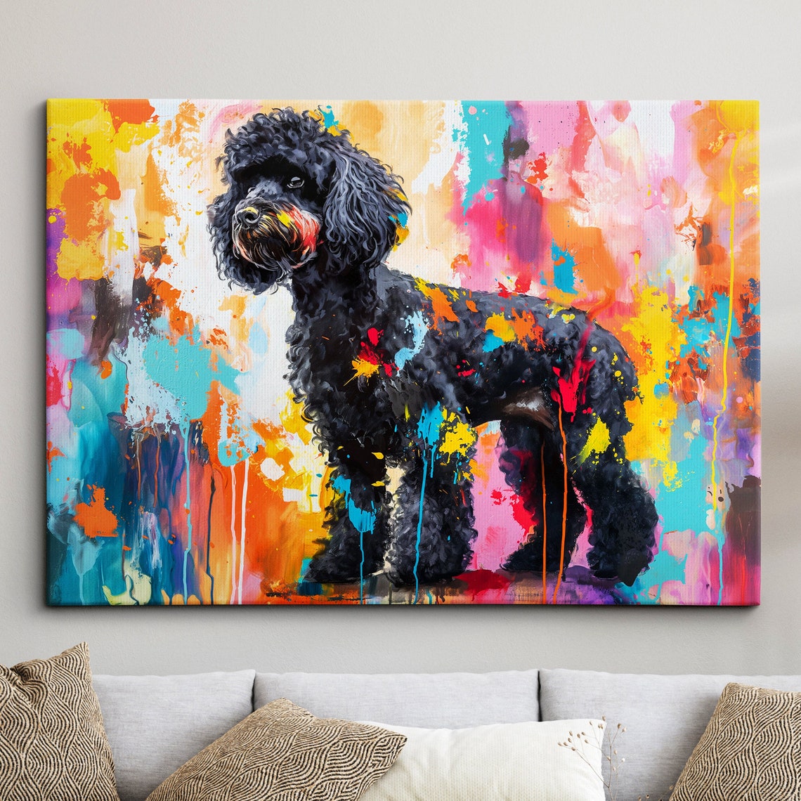 Black Poodle Standing Pose Rainbow Paint Splatter Art Poster