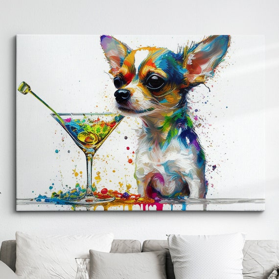 Chihuahua Drinking Wine Abstract Dog Pet Animal Painting Splatter Wall Art Framed Canvas Poster Print Home Kitchen Office Room Decor Gifts