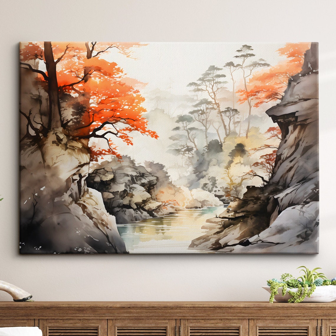 Stream Waterfall View Landscape Abstract Watercolor Painting Style Wall Art Framed Canvas Poster Print Home Kitchen Living Room Decor Gift