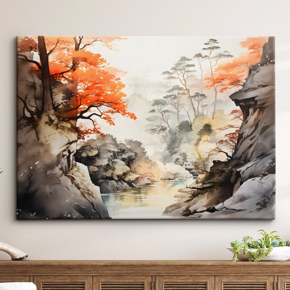Stream Waterfall View Landscape Abstract Watercolor Painting Style Wall Art Framed Canvas Poster Print Home Kitchen Living Room Decor Gift