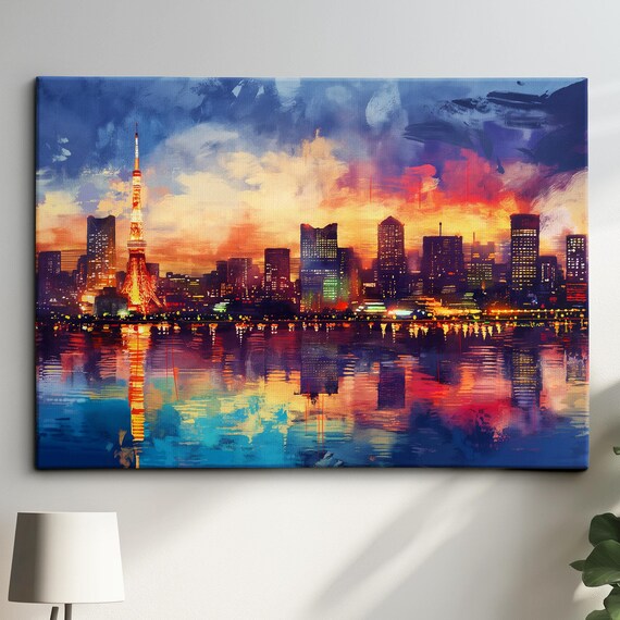 Tokyo Tower Sunset Skyline Reflection Watercolor Painting Poster