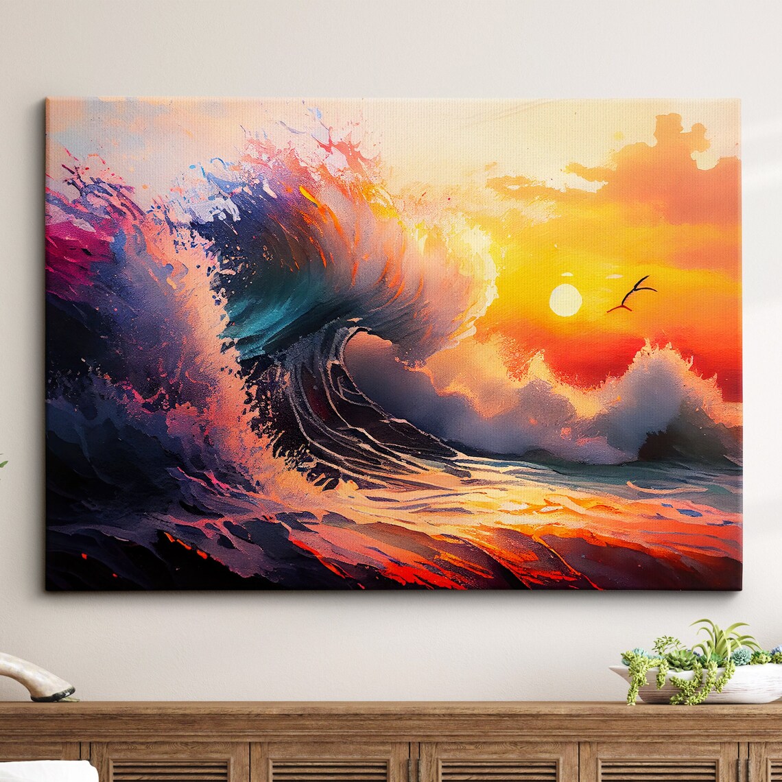 Colorful Ocean Wave Crashing at Sunset Abstract Oil Painting Poster