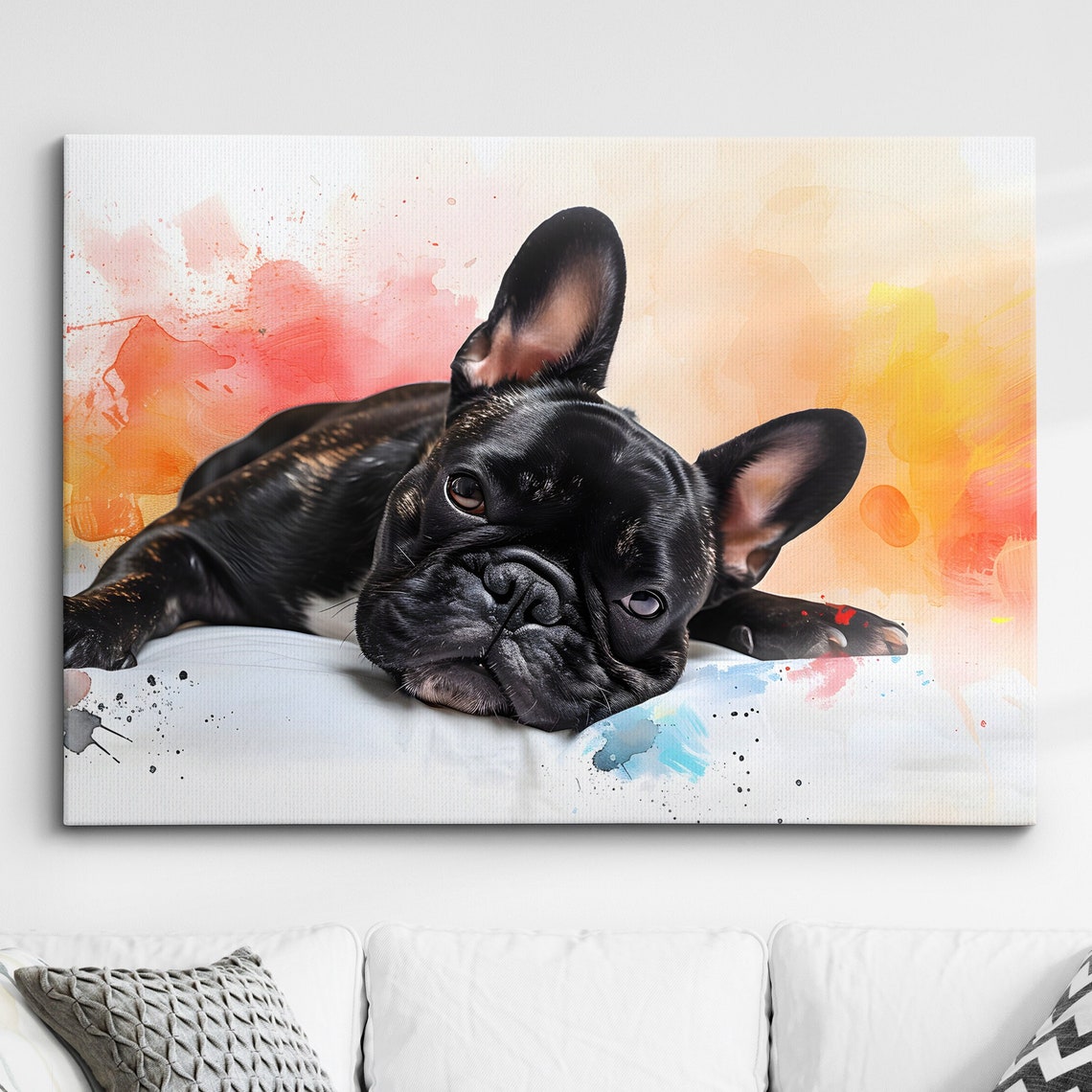 Colorful French Bulldog Dog Pet Abstract Modern Oil Painting Wall Art Framed Canvas Poster Print Home Kitchen Office Room Decor Gifts