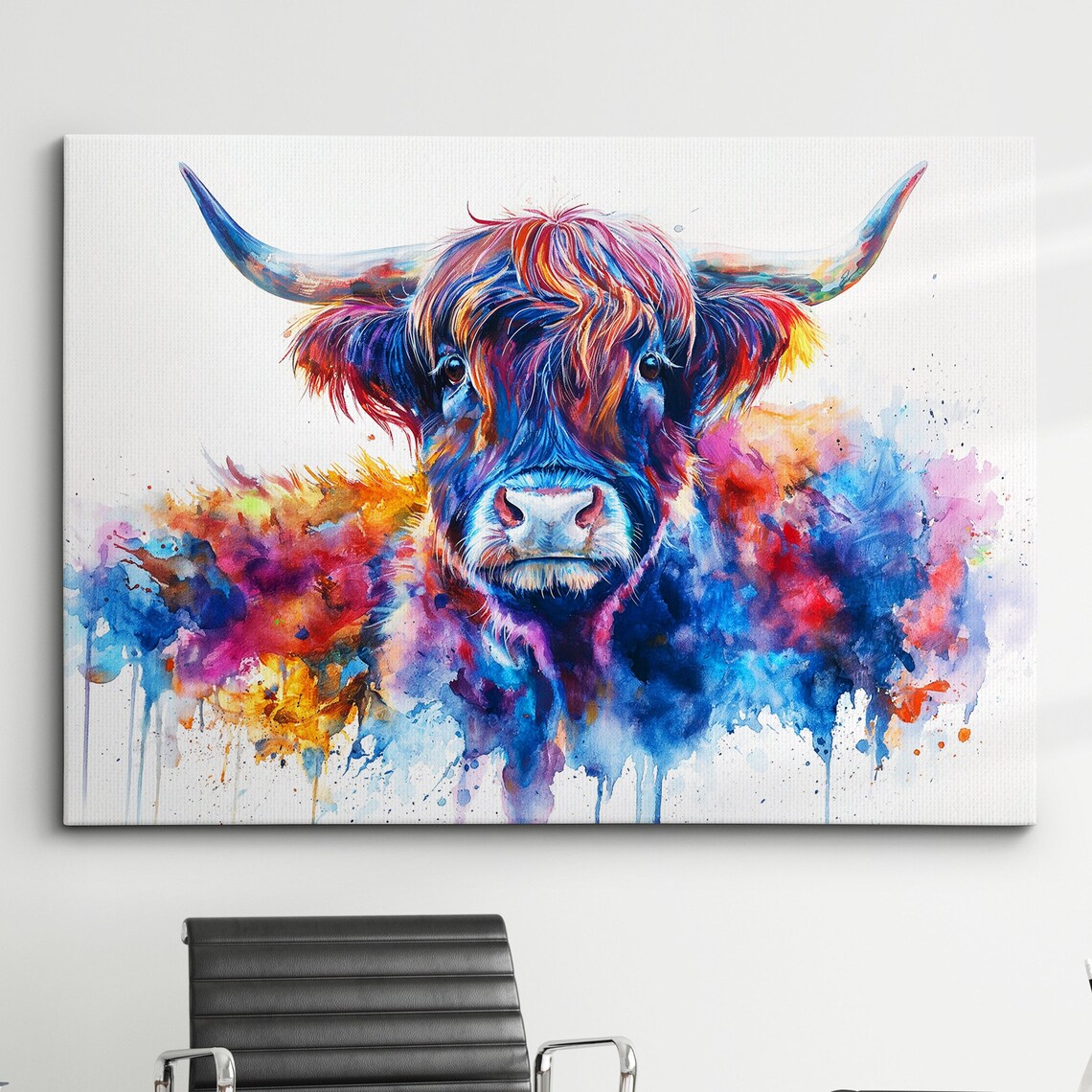 Colorful Watercolor Highland Cow Splash White Background Art Poster