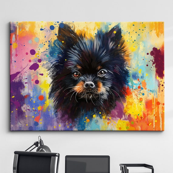 Black Colorful Pomeranian Dog Pet Abstract Modern Oil Painting Wall Art Framed Canvas Poster Print Home Kitchen Office Room Decor Gifts