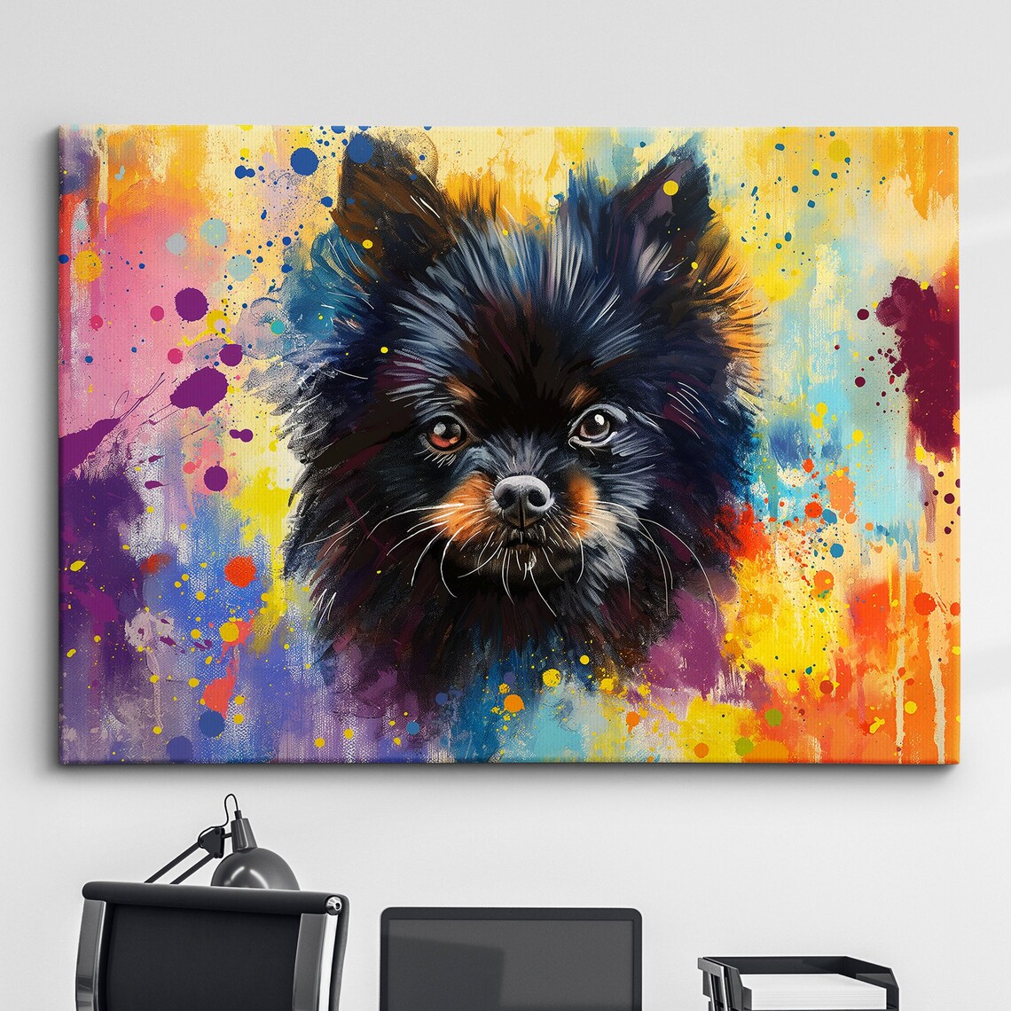 Black Pomeranian Portrait with Neon Paint Splatter Abstract Poster