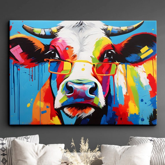 Colorful Cow Wild Animal Abstract Oil Painting Paint Splatter Style Wall Art Framed Canvas Poster Print Home Living Room Decor Fun Gift