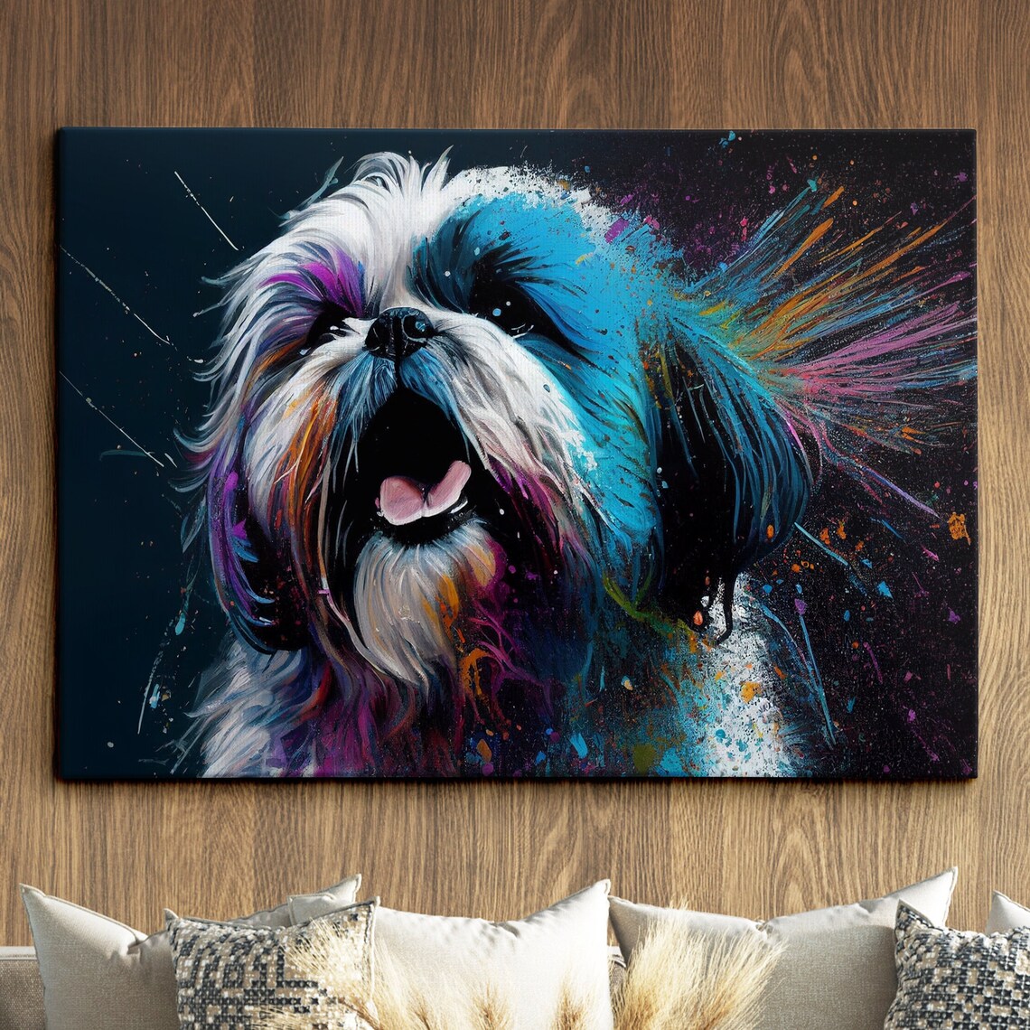 Colorful Fluffy Small Dog Neon Splatter Pop Art Pet Portrait Poster