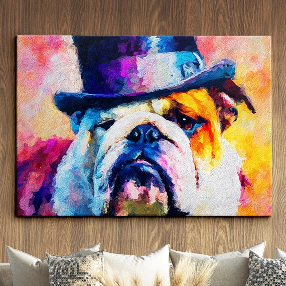 Bulldog In A Top Hat Animal Abstract Oil Painting Splatter Style Wall Art Framed Canvas Poster Print Home Kitchen Office Room Decor