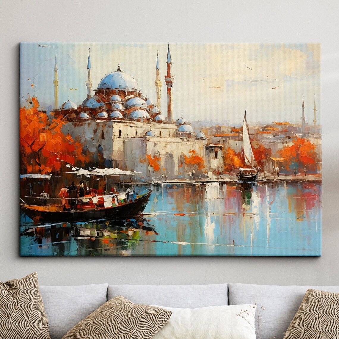 Istanbul Waterfront Mosque Autumn Oil Painting Travel Poster