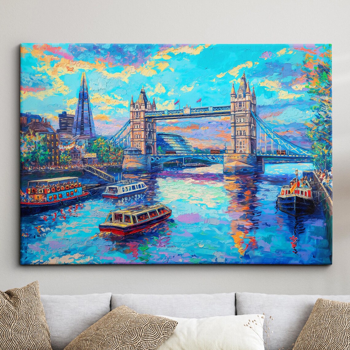 London Tower Bridge Thames Boats Colorful Oil Painting Poster