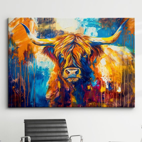 Highland Cow Animal Abstract Oil Painting Colourful Paint Splatter Style Wall Art Framed Canvas Poster Print Homeoffice Room Decor Gifts