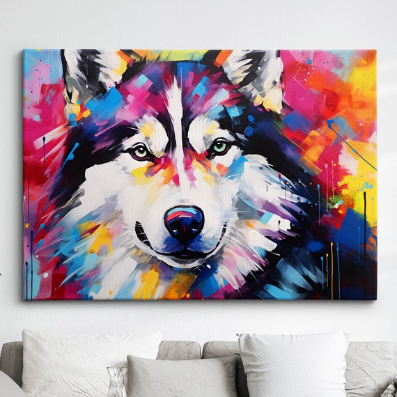 Colorful Siberian Husky Dog Pet Abstract Modern Oil Painting Wall Art Framed Canvas Poster Print Home Kitchen Living Room Decor Gift
