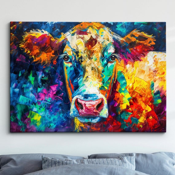 Colorful Cow Wild Animal Abstract Oil Painting Paint Splatter Style Wall Art Framed Canvas Poster Print Home Living Room Decor Fun Gift