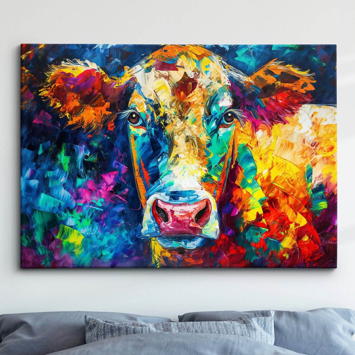 Colorful Cow Face Close Up Vibrant Impasto Oil Painting Poster