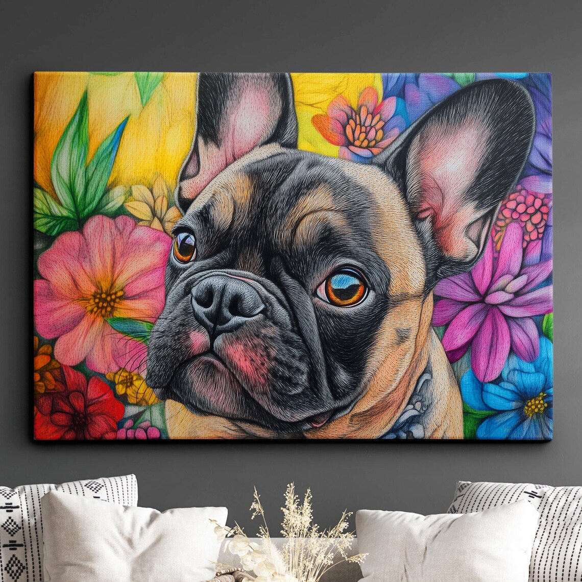 French Bulldog Portrait Surrounded by Bright Blooming Flowers Poster