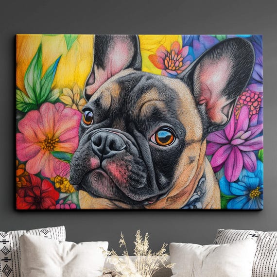 French Bulldog Colorful Pattern Floral Abstract Modern Oil Painting Wall Art Framed Canvas Poster Print Home Kitchen Office Decor Dog Gifts