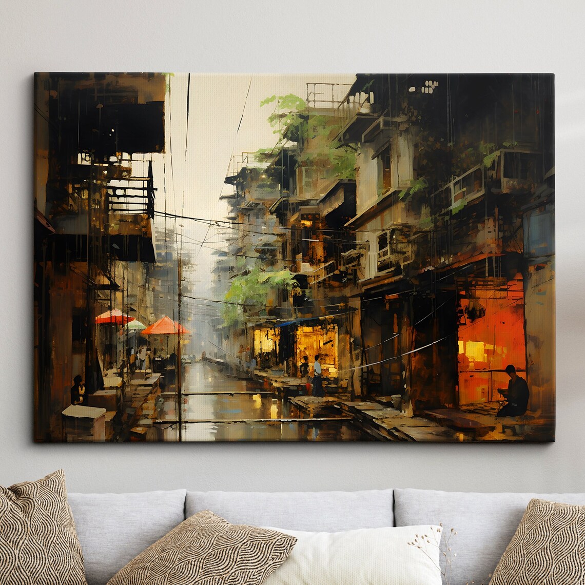 Bangkok Street After Rain Moody Watercolor Cityscape Painting Poster