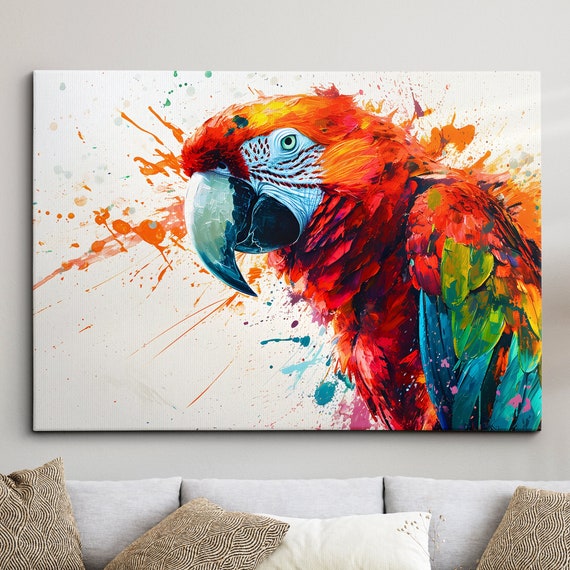 Colorful Parrot Abstract Modern Animal Oil Painting Wall Art Framed Canvas Poster Print Home Kitchen Office Room Decor Bird Gift Ideas