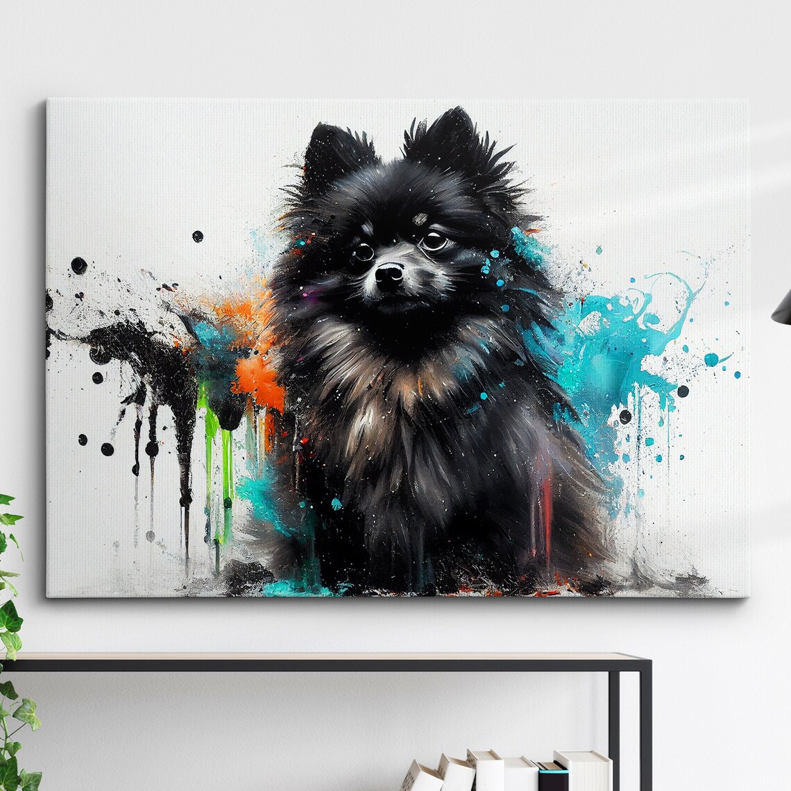Black Colorful Pomeranian Dog Abstract Modern Art Print
